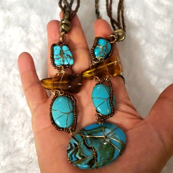 Antique Beautiful Turquoise & Brown Stone Wrapped Gold Tone Wires & Beaded - Picture 13 of 14